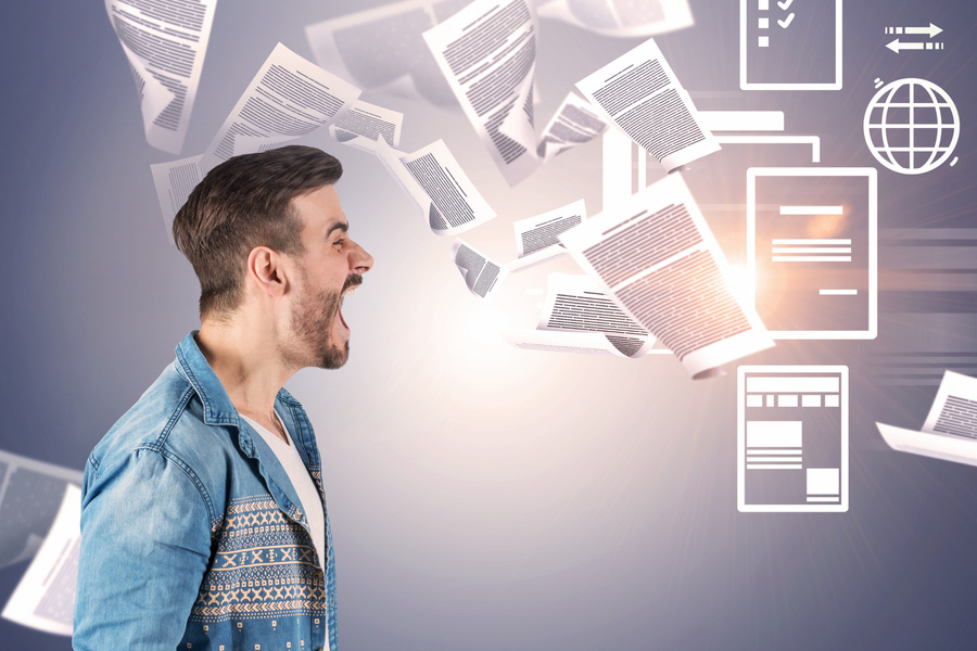 Shouting man, paperwork overload